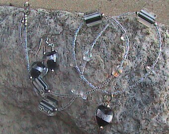 Black and Silver Heart Necklace and Earrings
