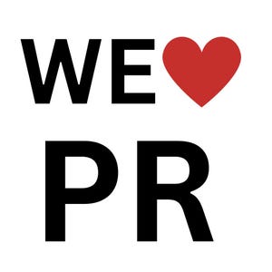 May include: A graphic design with the words "WE" and "PR" in bold black letters, with a red heart symbol replacing the word "LOVE". The background is plain white.