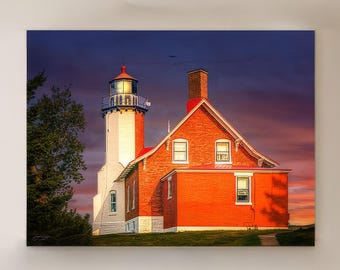 Impresión del atardecer en el faro de Michigan, arte mural costero de los lagos