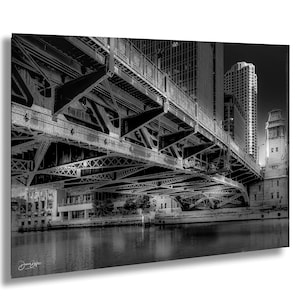 LaSalle Street Bridge Chicago Black and White Photo over Chicago River with Steel Structure and City Buildings Architecture Print