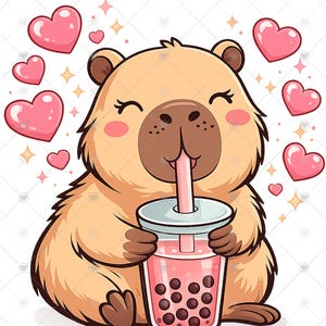 May include: A cartoon illustration of a smiling capybara drinking a pink bubble tea. The capybara is light brown with a dark brown nose and ears. Pink hearts and starbursts surround the capybara, creating a cute and cheerful design.