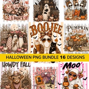 Peut inclure: Une collection numérique de 16 motifs graphiques sur le thème d'Halloween illustrant des fantômes, des squelettes, des ratons laveurs et des vaches highland. Les images incluent des citrouilles, des feuilles d'automne et des textes comme Leaves Fall, I Live Here Now, Cozy Season, Boojee, Pumpkin Patch, Howdy Fall, Spooky et Moo I Mean Boo.