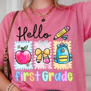 Hello First Grade PNG, First Grade Back To School PNG, Coquette School Bow Pencil PNG, Cute 1st Grade Shirt Design,Preppy Doodle Sublimation