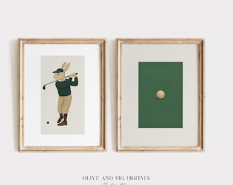 Vintage golfkonijn kinderkamerkunst: preppy sportdecor (digitale download)