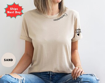 Custom Mama Shirt with Kid Name Sleeve, Minimalist Personalized Momma Top