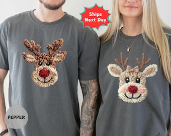 Comfort Colors Reindeer Christmas Shirt, Festive Quilt Style Tee