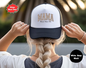 Custom Leopard Mama Kids Name Hat, Mama Leopard Hat, Mom Hat, Mother Day Gift, Custom Trucker Hats