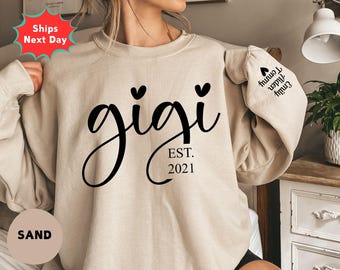 Custom Gigi Sweatshirt with Kids Names on Sleeve, Personalized Grandma Hoodie