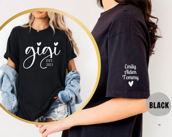 Comfort Color Custom Gigi Shirt, Personalized Grandma Gift, Kids Names on Sleeve