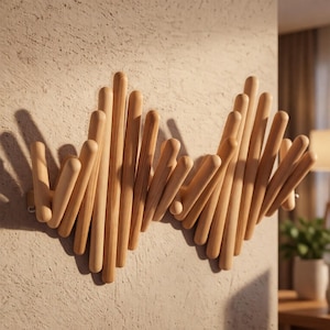 May include: Two wooden coat racks fixed to a textured wall. Each rack has multiple rounded wooden pegs of varying lengths, arranged in a wave-like pattern. The natural wood colour provides a warm, neutral tone.