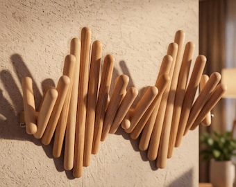Scandinavian Wooden Wall Coat Rack: Minimalist Flip Down Hooks, Natural Pine Entrance Decor
