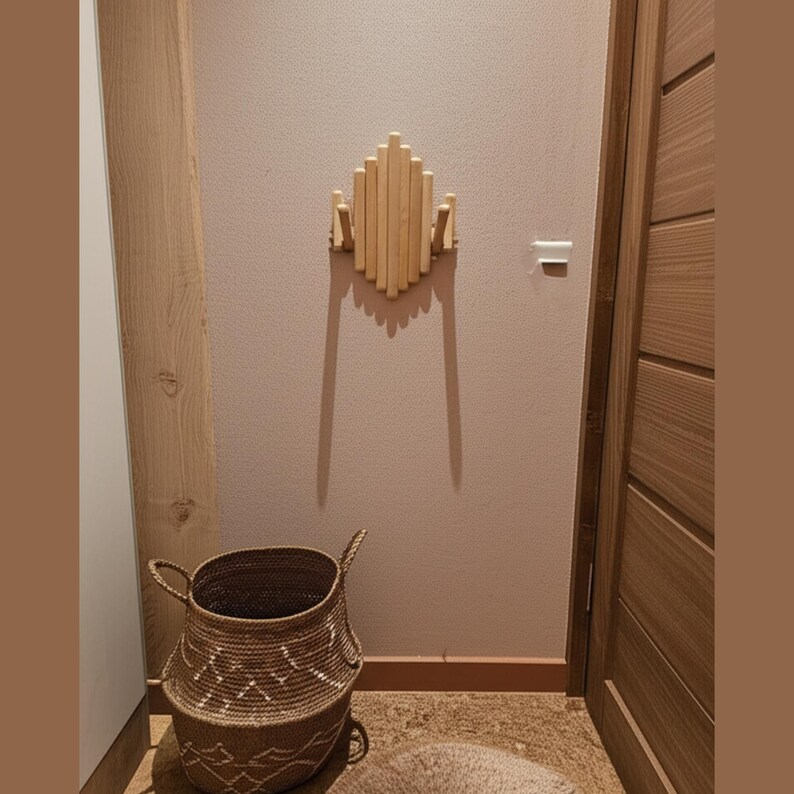 May include: A wooden wall-mounted coat rack with a geometric design, featuring multiple pegs for hanging items. The rack is made of light-colored wood and is mounted on a neutral-toned wall. A woven basket sits below.