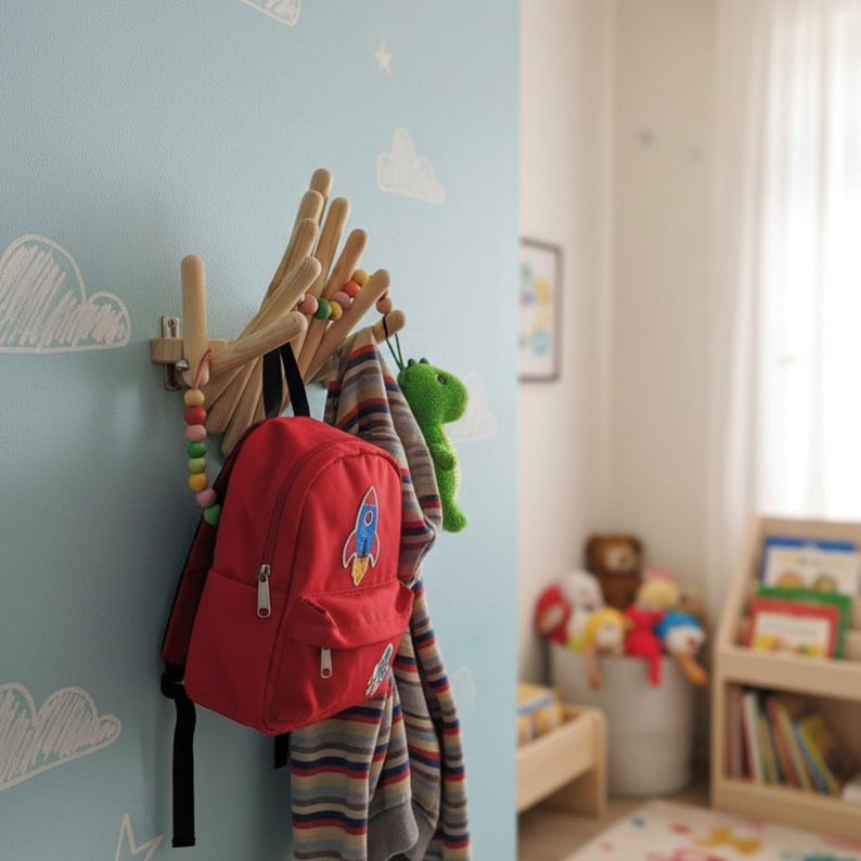 May include: A wooden coat rack with multiple pegs is mounted on a light blue wall decorated with white cloud decals. A red backpack with a rocket ship patch hangs on the rack, along with a striped garment and a green stuffed animal.