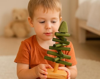 Montessori Wooden Christmas Tree Toy: Rotating Branches, Eco-Friendly Pine, Sensory Gift for Kids