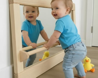 Montessori Wooden Mirror with Pull-Up Bar for Playroom, Handmade in Spain