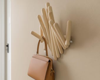 Minimalist Wooden Wall Coat Rack, Modern Flip Down Peg Hanger, Scandinavian Entryway Storage
