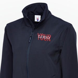 May include: Navy blue jacket with a full zipper, a stand-up collar, and a small pocket on the chest. The jacket has the words "YOUR LOGO" printed in red on the chest. The jacket is made of a smooth, water-resistant material.
