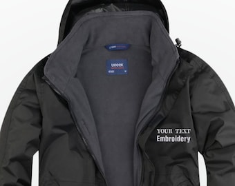Chaqueta de exterior bordada, chaqueta con cremallera personalizada, chaqueta con monograma con texto o logotipo personalizado, chaqueta impermeable con capucha para trabajo con cualquier texto.