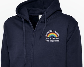 Personalised Healthcare Rainbow Zip Up Hoodie, Custom Hospital Staff Name Hoodie, Medical Department Workwear Coat, Staff Nurse Gift Hoodie