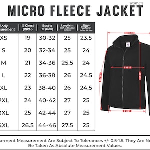 May include: Black micro fleece jacket with a full zipper and a stand-up collar. A size chart shows body measurements in inches for sizes XS to 4XL. The jacket's measurements are also indicated in inches.