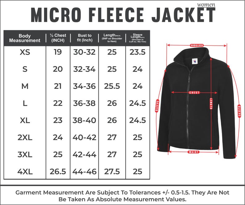 May include: Black micro fleece jacket with a full zipper and a stand-up collar. A size chart shows body measurements in inches for sizes XS to 4XL. The jacket's measurements are also indicated in inches.