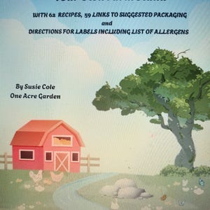 Könnte beinhalten: Ein Buchcover mit dem Titel Beginners Guide to Starting Your Own Farm Stand von Susie Cole von One Acre Garden. Die Illustration zeigt eine rote Scheune, einen großen grünen Baum, einen gewundenen Pfad, Hühner und ein Farm Stand Schild.