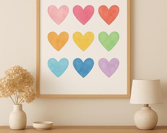 Rainbow Hearts Wall Art Print | Kids Nursery Decor (Digital Download)
