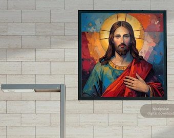 Sagrado Corazón de Jesús para imprimir / Arte mural católico moderno (descarga digital)
