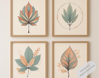 Boho Botanical Leaf Prints Set, Scandinavian Nature Art Pack of 4 (Digital Download)