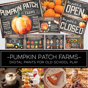 May include: A set of printable signs for a pumpkin patch. The signs feature chalkboard backgrounds with autumn-themed graphics and text. The signs include information about hayrides, pumpkin picking, apple picking, and a cafe menu. The signs also include the text "The patch is: OPEN" and "The patch is: CLOSED".