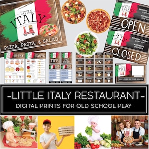 May include: A set of printable play food and restaurant signs for pretend play. The set includes a menu, order slips, a cash register, and signs for "Open" and "Closed". The signs feature a red, white, and green Italian flag design with the words "Little Italy".