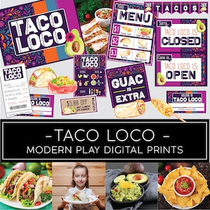 Kids Pretend Play Printables – Taco Stand, Bake Shop, Coffee Shop, Farmers Market, Dramatic Play Set, Printable Menus, Play Food Labels