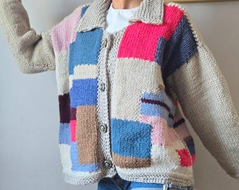 Hand Knit Chunky Wool Cardigan: Color Block Patchwork Knitwear