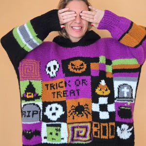 Handmade Halloween Knit Hoodie: Spooky Ghosts, Pumpkins & Candy Corn
