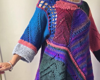 Handmade Patchwork Knit Sweater: Multicolor Boho Jumper