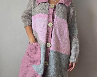 Cardigan oversize in misto lana fatto a mano, cappotto in maglia rosa tenue e grigio