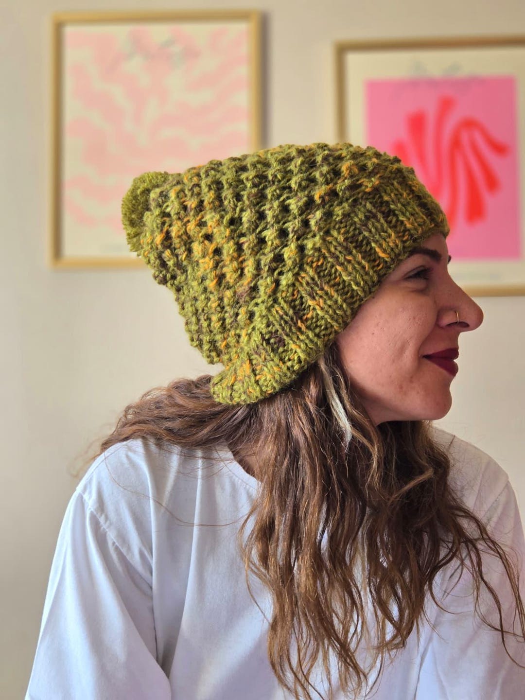 Handmade Chunky Knit Beanie: Forest Green Wool Blend With  display picture 3