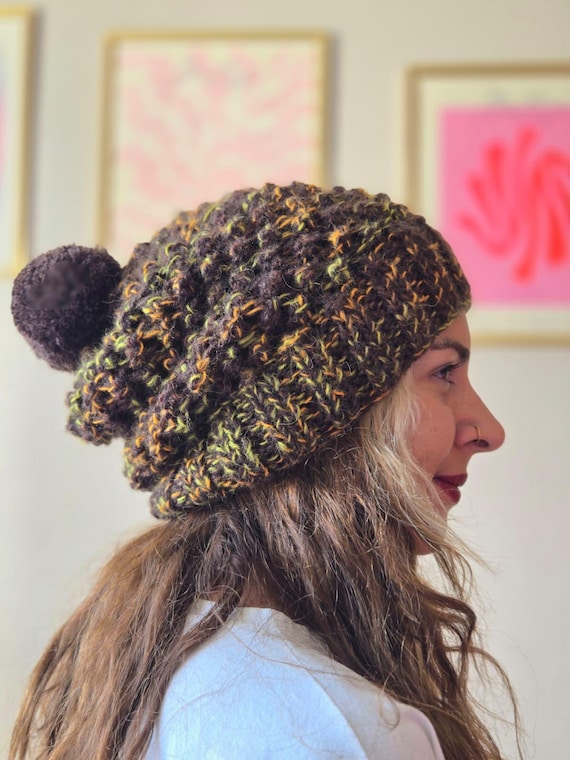 Crochet Wool Mix Slouchy Green Brown Beanie Hat Hand-knitted Green Wool Beanie, Crochet Slouchy Winter Hat  main image 3