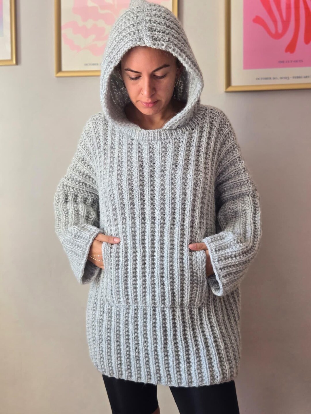 Grey Oversized Knit Hoodie: Chunky Ribbed Handmade Sweater - Etsy
