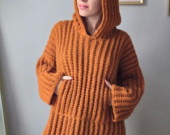 Handgebreide trui met capuchon – dikke wolmix, oversized trui