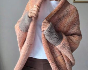 Handmade Knit Cardigan Wrap, Oversized Shawl Collar Cardigan, Soft Wool Blend Knit Jacket, Cozy Boho Cardigan, One of a Kind Knitwear