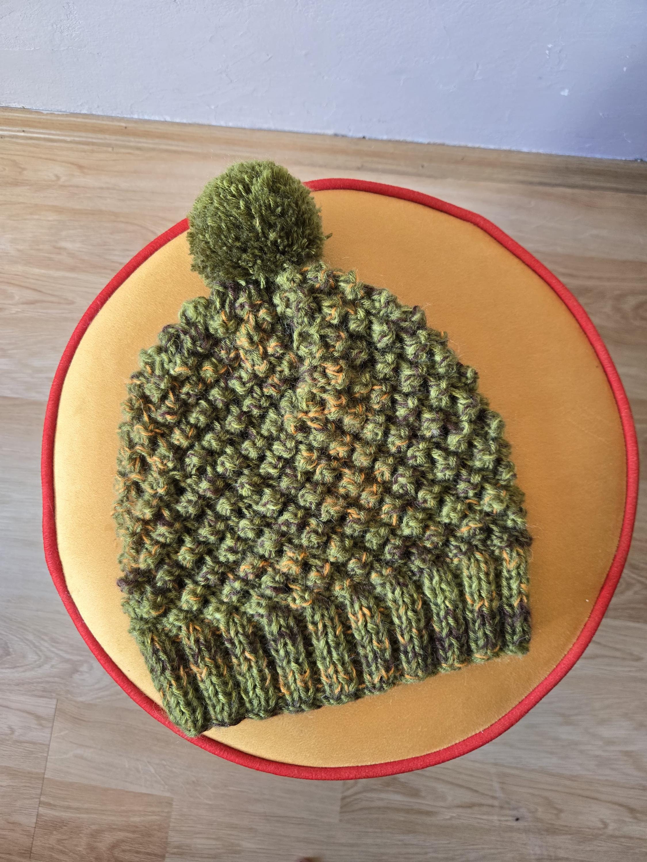 Handmade Chunky Knit Beanie: Forest Green Wool Blend With 