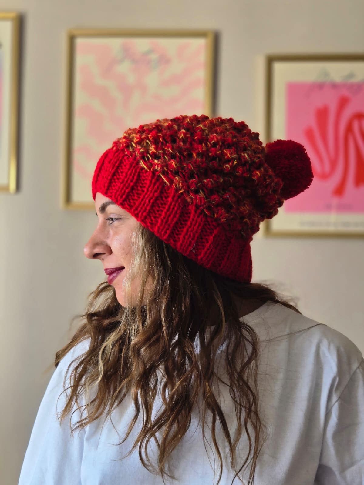 Hand-knitted Red Wool Blend Beanie With Pom Pom - Slouchy  display picture 2
