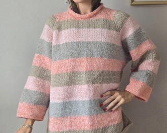 Soft Pastel Striped Wool Blend Sweater, Hand Knit Oversized Pullover, Cozy Handmade Knitwear for Fall and Winter