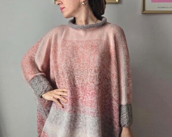 Handmade Color Block Wool Blend Sweater, Oversized Slouchy Knit