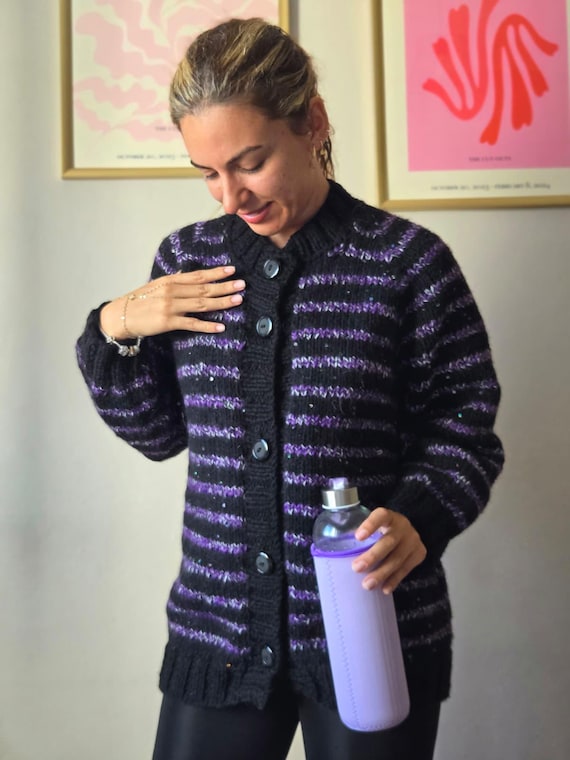 Handmade Black Purple Striped Knit Cardigan: Elegant Boho Chic