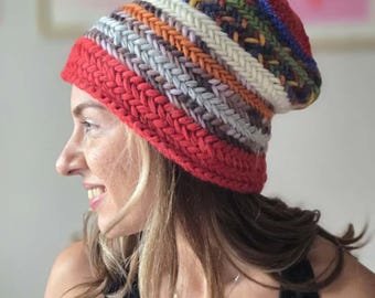 Handmade Wool Blend Beanie: Chunky Knit Rainbow Striped Hat