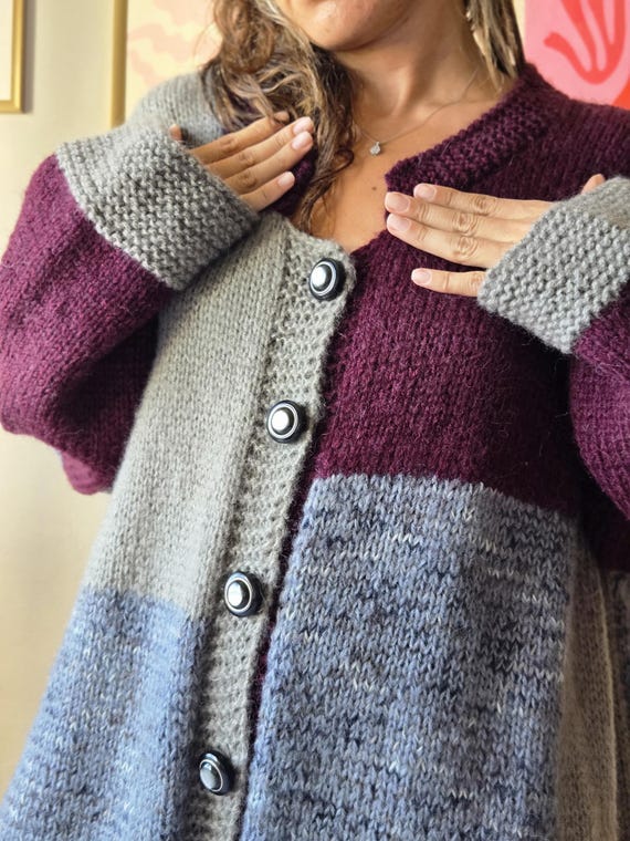 Handmade Oversized Wool Cardigan: Boho Colorblock Knit Jacket