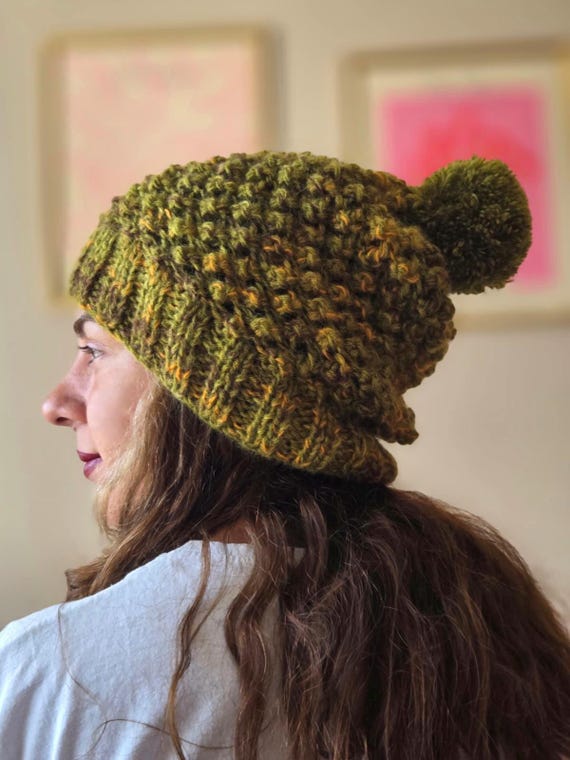 Handmade‎ Wool Chunky Knit Beanie Hat Earthy Green Brown Wool Blend Winter NEW Chunky Knit Beanie, Green Brown Wool Blend Bobble Hat - Etsy main image 2
