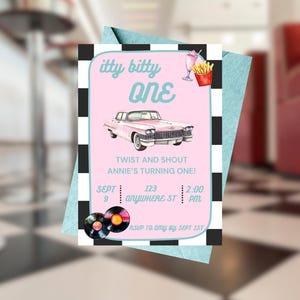 May include: A retro-themed birthday invitation with a pink background and black and white border. The invitation features a pink classic car illustration, text that reads "itty bitty ONE", and details for the event. Includes a milkshake and fries illustration.